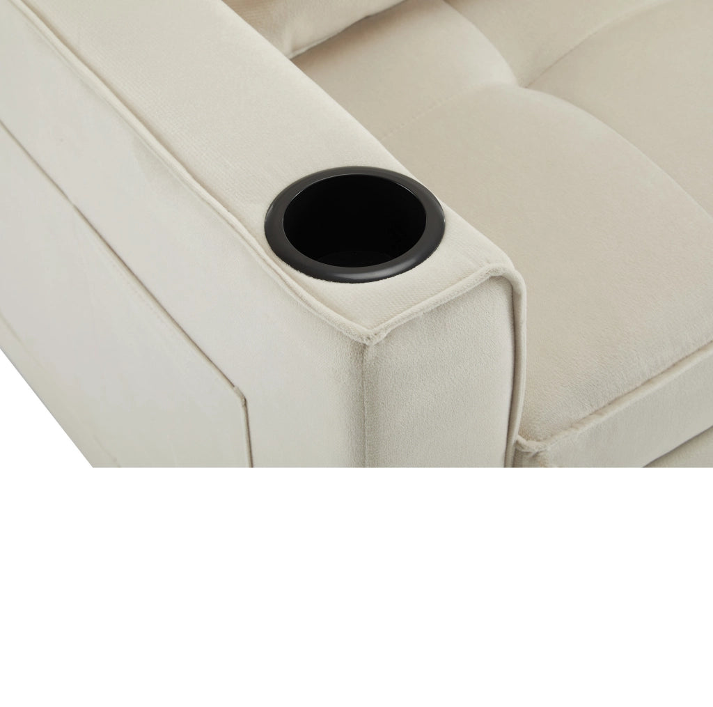 Divano letto 2 posti in velluto beige con portabevande e tasche
