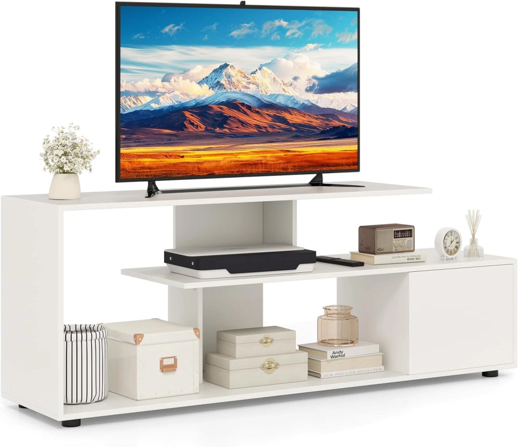 Mobile Porta TV, per TV Fino a 55'', Console Media a 3 Ripiani Asimmetrici con Ripiani di Stoccaggio e Armadietto, Mobile TV con Cassetto, 5 Gambe di Supporto (Bianco)