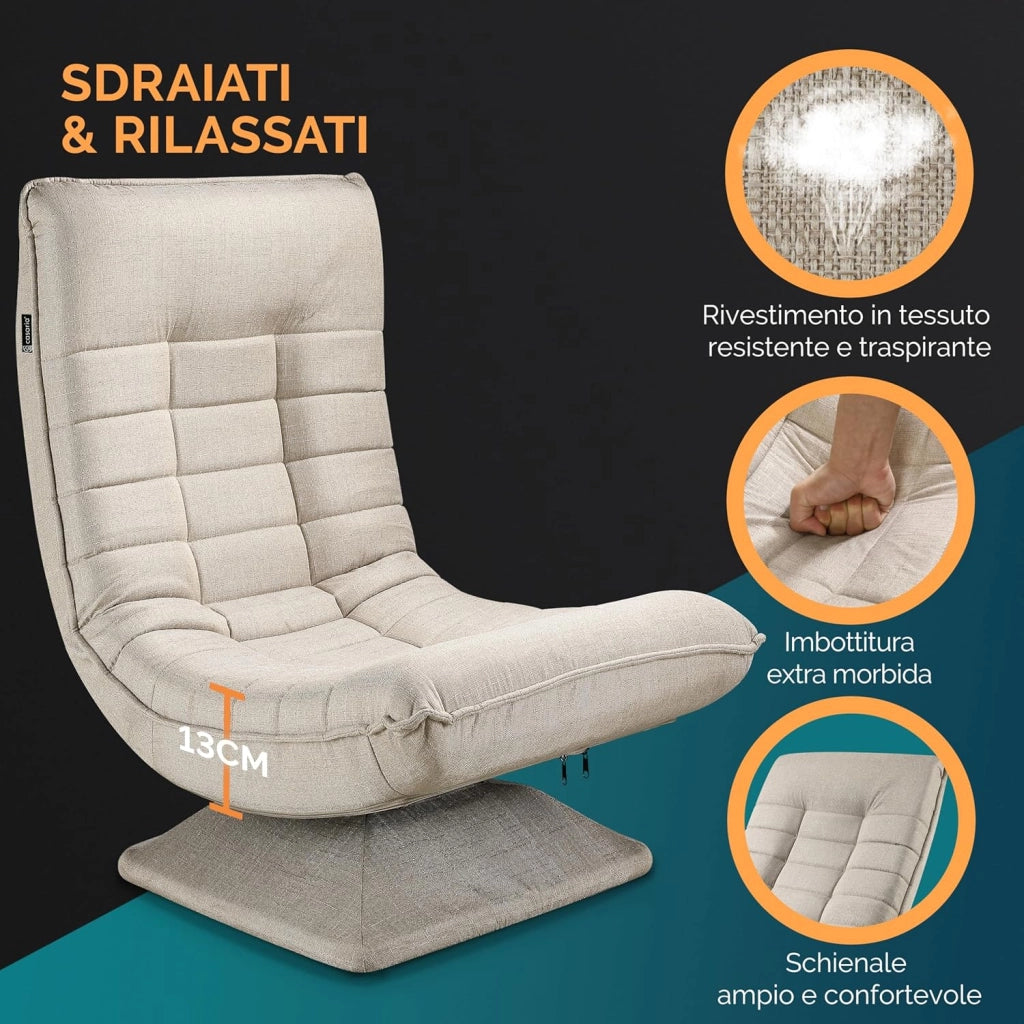 ® Poltrona Relax da Lettura con Schienale Regolabile 360° Pieghevole Portata 150kg 60x105x87cm Sedia da Pavimento Imbottita Salotto Gaming