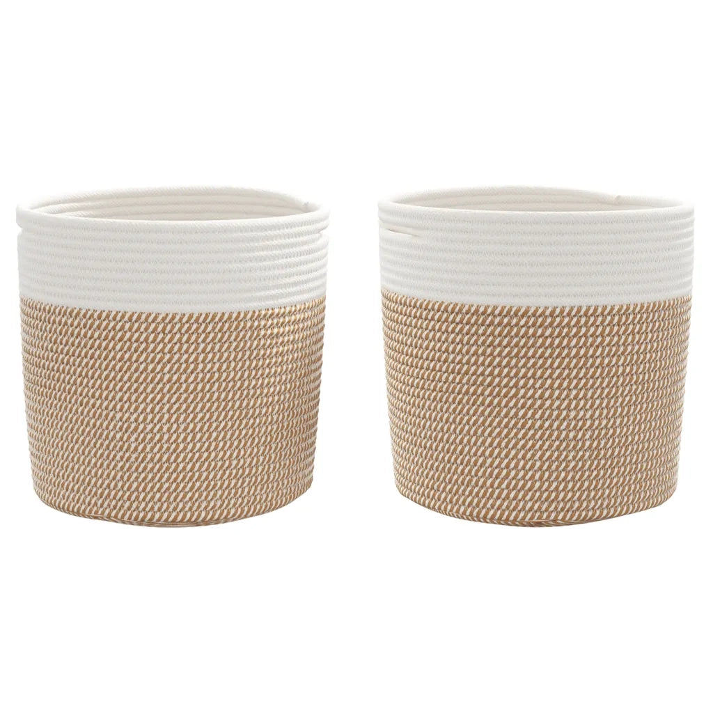 Cestini Portaoggetti 2pz Marrone e Bianco Ø28x28 cm in Cotone 358460