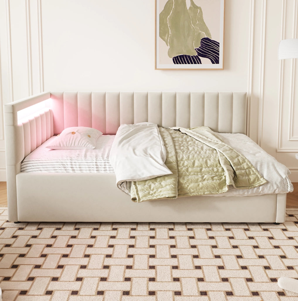 Divano letto imbottito 90x200 in velluto beige con LED e contenitore idraulico