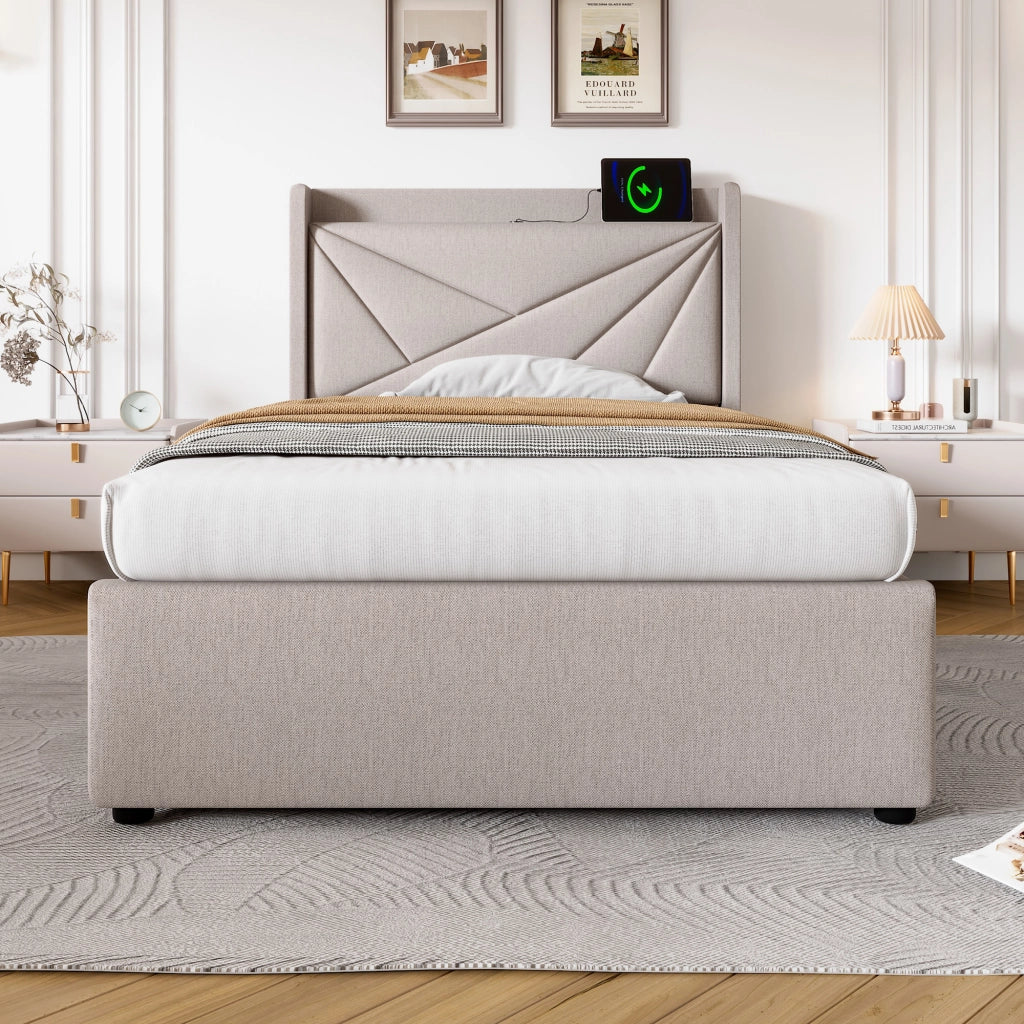 OKWISH Letto Contenitore 90×200 cm, Letto Singolo con USB, Tipo C e Testiera, senza Materasso, in Lino Cotone, Beige
