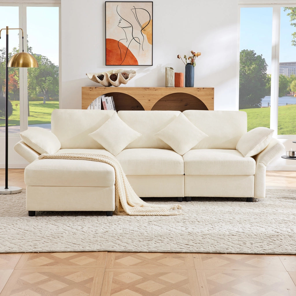 Divano Angolare Convertibile 3-4 Posti con Pouf Mobile, Braccioli Regolabili, in Ciniglia Beige