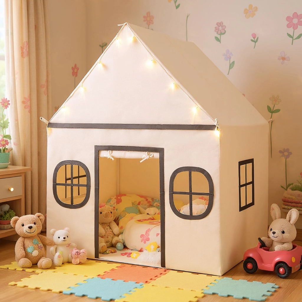 Tenda da gioco per bambini con tenda porta e finestre e luci a stella, Tenda da interno per bambini e bambine 3-10 anni Beige