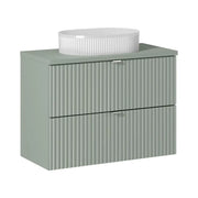 Insieme ELVINA 80cm: mobile sottolavabo con cassetti + piano per lavabo verde salvia grigio + lavabo da appoggio bianco con scanalature