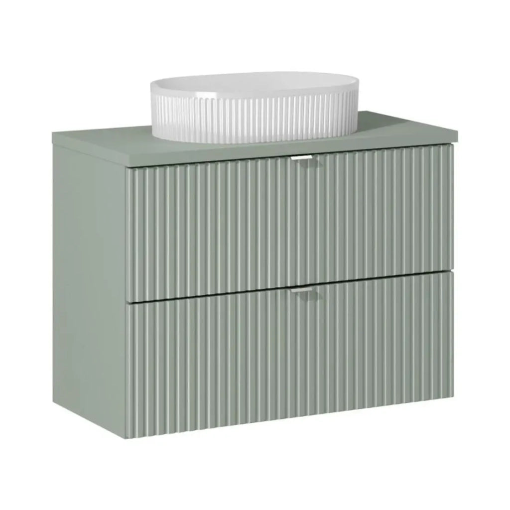 Insieme ELVINA 80cm: mobile sottolavabo con cassetti + piano per lavabo verde salvia grigio + lavabo da appoggio bianco con scanalature