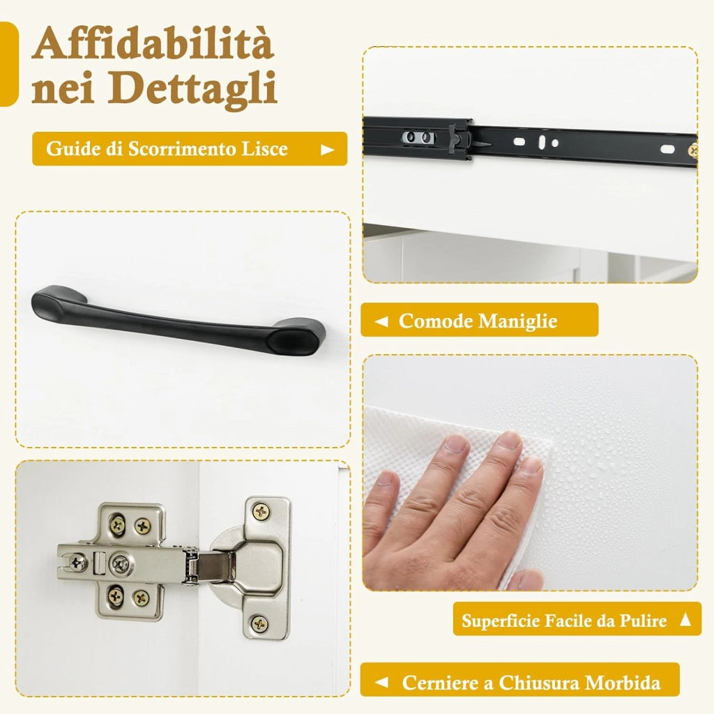 Credenza Buffett da Cucina con 6 Cubi Porta Bottiglie di Vino, Mobile da Cucina con Cassetto, 2 Ante e 2 Ripiani Regolabili, Armadio in Legno Salvaspazio per Soggiorno, 90 x 40 x 79 cm, Bianco