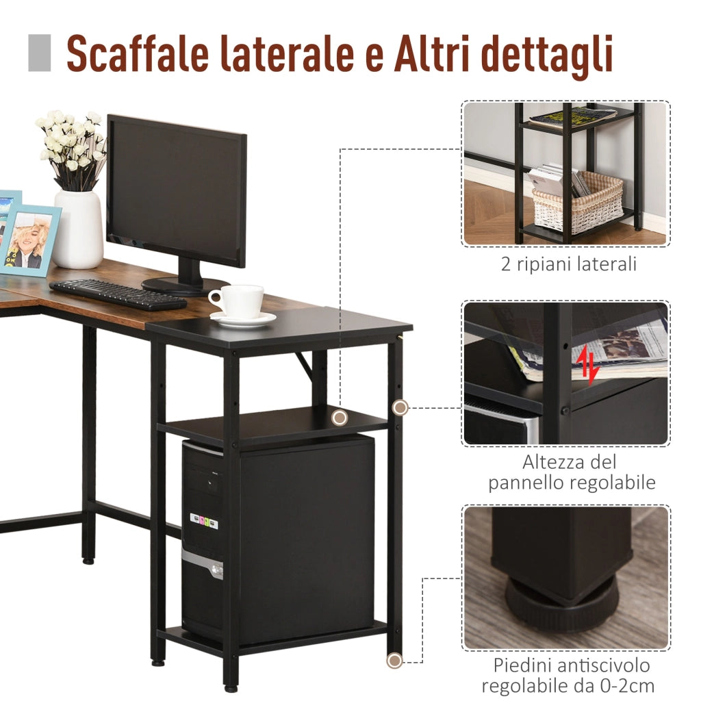 EasyComfort Scrivania Angolare in Stile Industriale con Ripiano Laterale, in Legno e Metallo Nero, 150x120x75cm