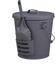 Cestello con coperchio e badile - manico in legno - 19 litri - grigio - carrello in ghisa con cinghia