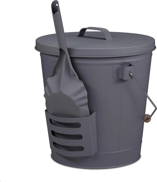 Cestello con coperchio e badile - manico in legno - 19 litri - grigio - carrello in ghisa con cinghia