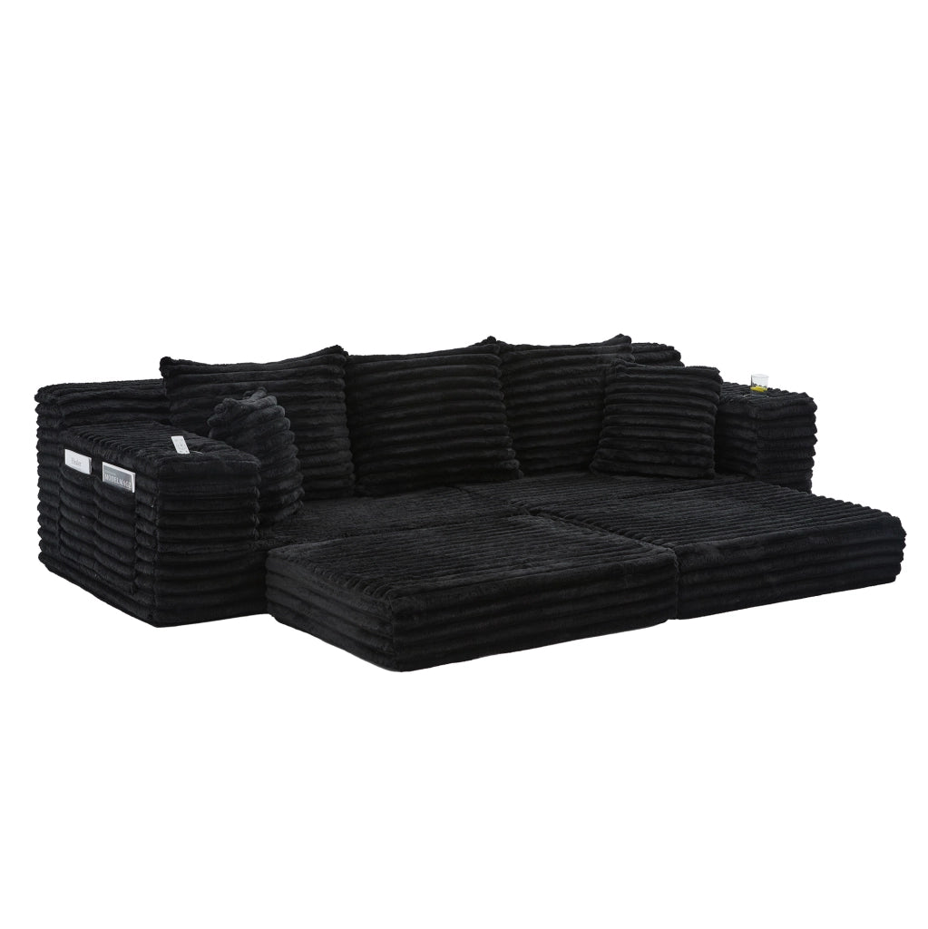 Divano modulare in tessuto a coste trasformabile in letto; 273x98x87 cm; nero