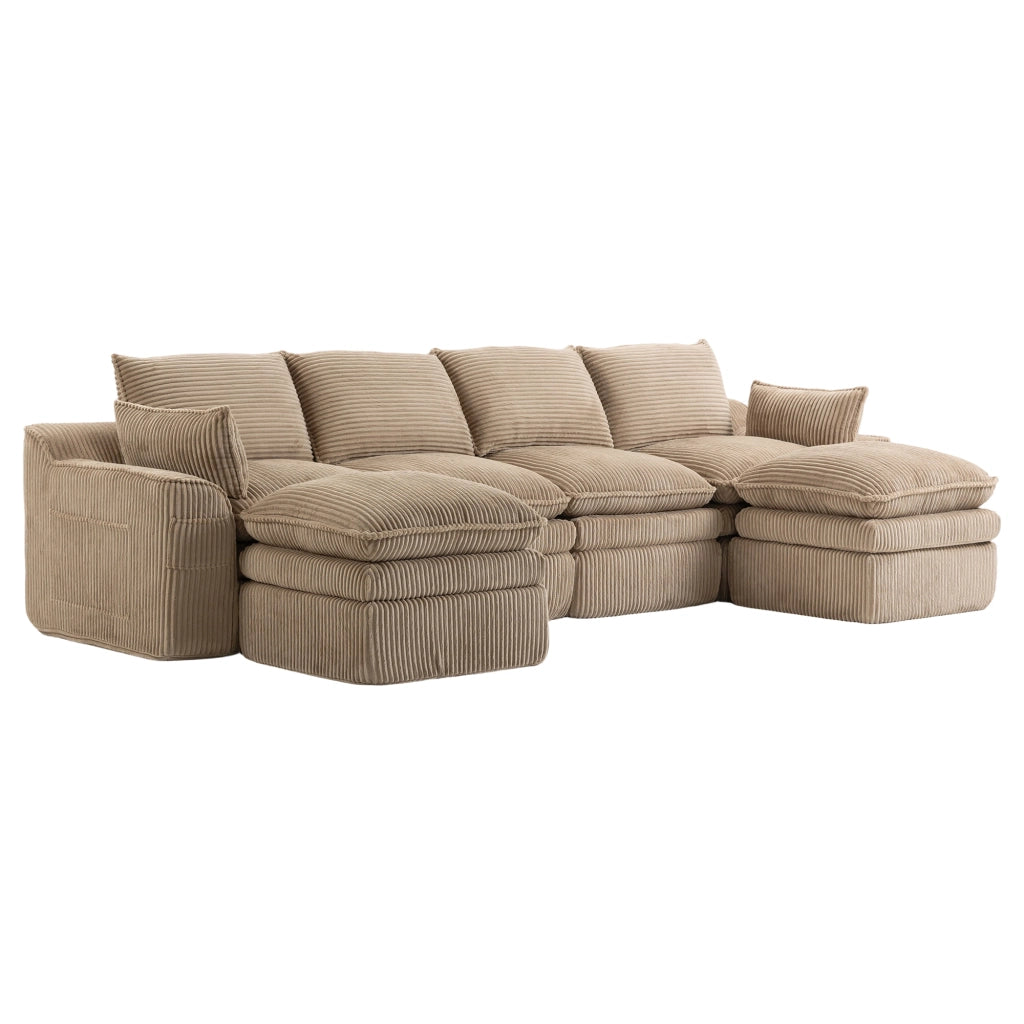 Divano modulare a 4 posti in velluto a coste con 2 pouf, cuscini, tasche laterali e schiuma a 3 strati, khaki