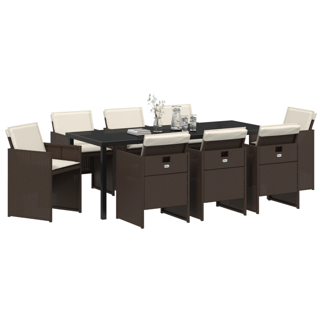 Set Pranzo Giardino 9 Pezzi con Cuscini in Rattan Marrone Poly