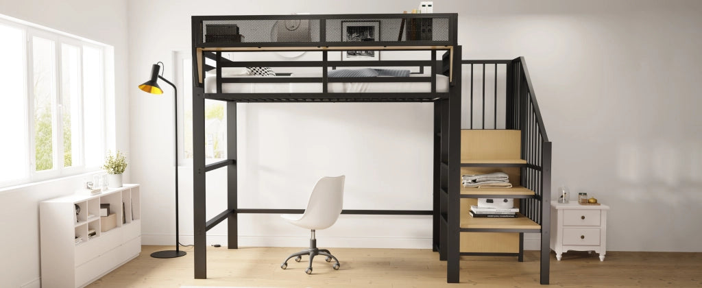 DESMIU Letto a soppalco singolo con scala di sicurezza e ripiano regolabile 90 × 200 cm, senza materasso, nero