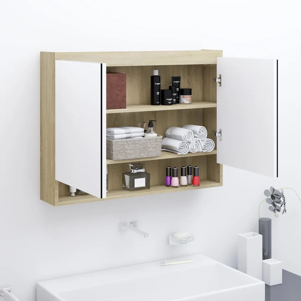 Armadietto Bagno | Armadio da bagno con Specchio 80x15x60cm in MDF Bianco e Rovere