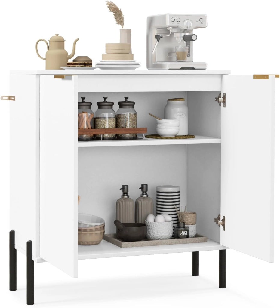 Credenza Cucina con Cerniere Regolabili, Kit Antiribaltamento e Gambe in Metallo, Mobile Cucina Dispensa Moderno con Ante, per Soggiorno, Sala da Pranzo, 70 x 37 x 78 cm, Bianco