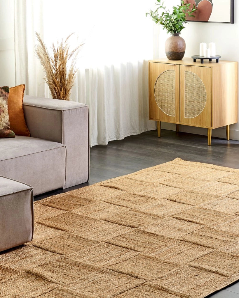 Tappeto Beige Juta 200 x 300 cm Intrecciato a mano con motivo a scacchi in stile boho naturale Tessile