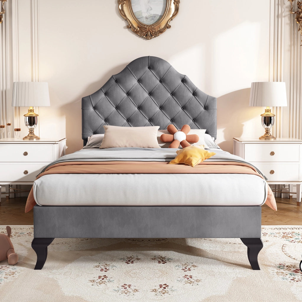 Letto imbottito 90x200 cm con rete a doghe e testiera regolabile in velluto grigio