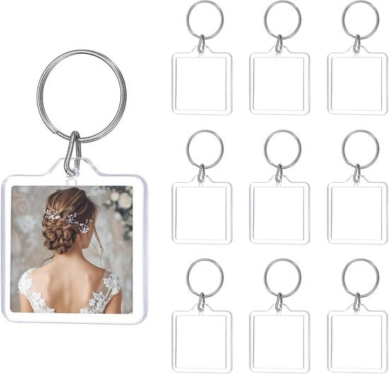 Fotolijst-sleutelhangers trasparenti in acrilico (10 pezzi) 4,1 x 4,1 cm. Ideali per personalizzare accessori fotografici.