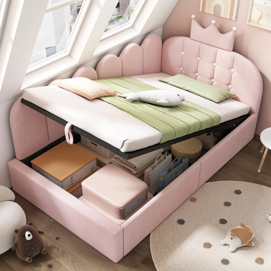 Letto daybed a L con testiera a corona 90x190 cm in velluto rosa con contenitore