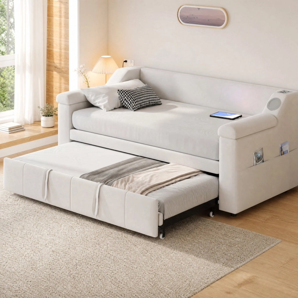 Divano letto matrimoniale estensibile 90/180x190 cm in velluto beige con Bluetooth e USB