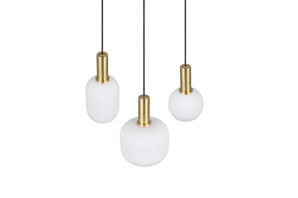 Lampadario tondo nero-ottone 3xE27 vetro bianco Diva Trio