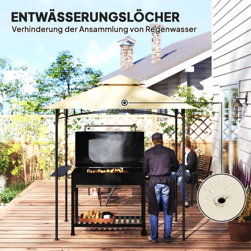 Gazebo BBQ con gazebo da giardino ignifugo a LED 240 x 150 x 258 cm repellente per l'acqua con tetto a doppio strato mensole laterali pergoletti da giardino con protezione UV gazebo barbecue per barbecue da festa beige