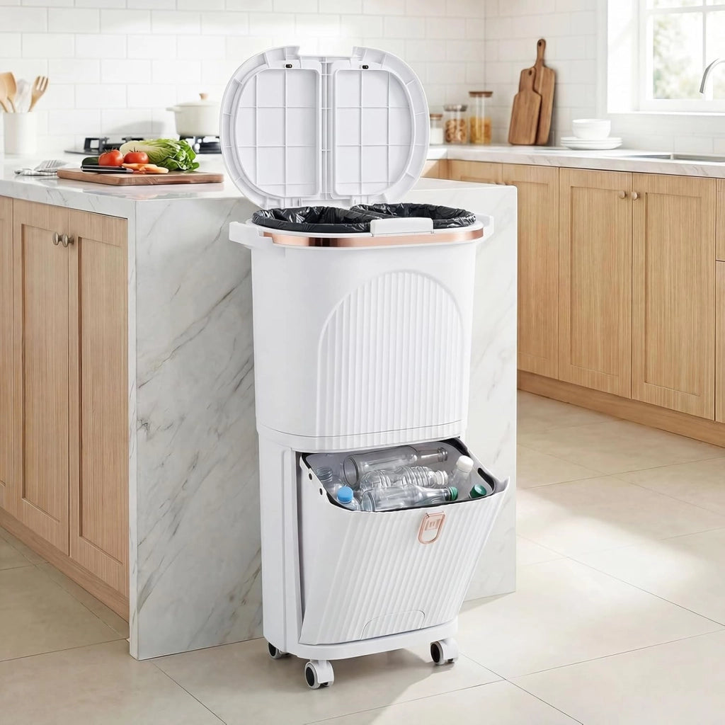 Bidone per Spazzatura Interno 38 L, Pattumiera da Cucina Differenziata a 3 Scomparti con Ruote e Maniglie, Secchio dei Rifiuti in PP on Coperchi a Pressione e Pedale (Bianco)