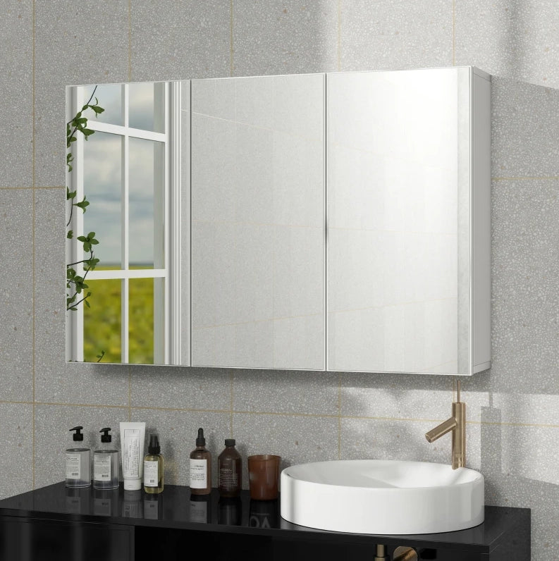 Mobile bagno sospeso 90x15,5x60 cm con 3 ante a specchio e 5 ripiani bianco