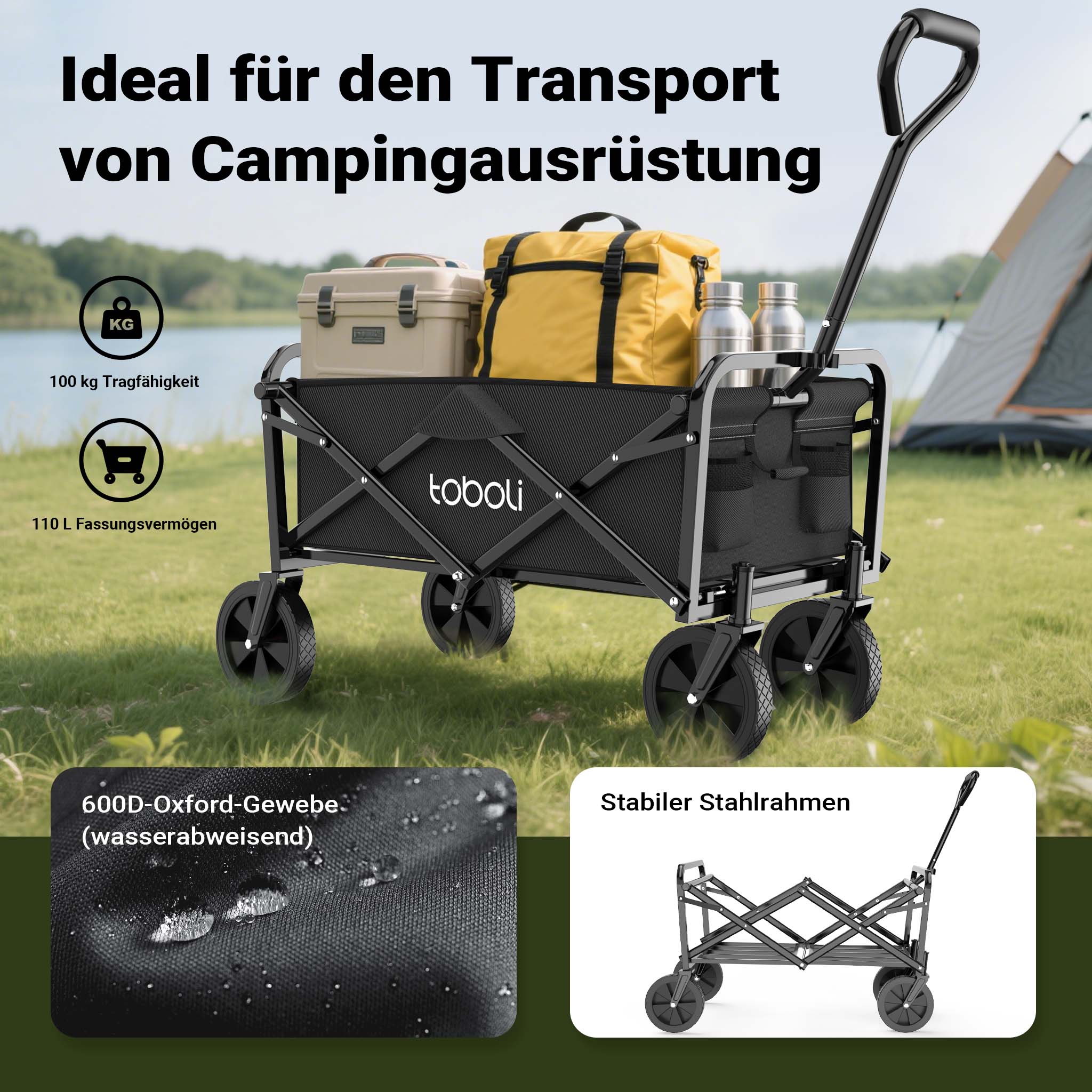 Toboli Carretto a mano pieghevole, max 100 kg, tessuto impermeabile nero, Carrello spiaggia