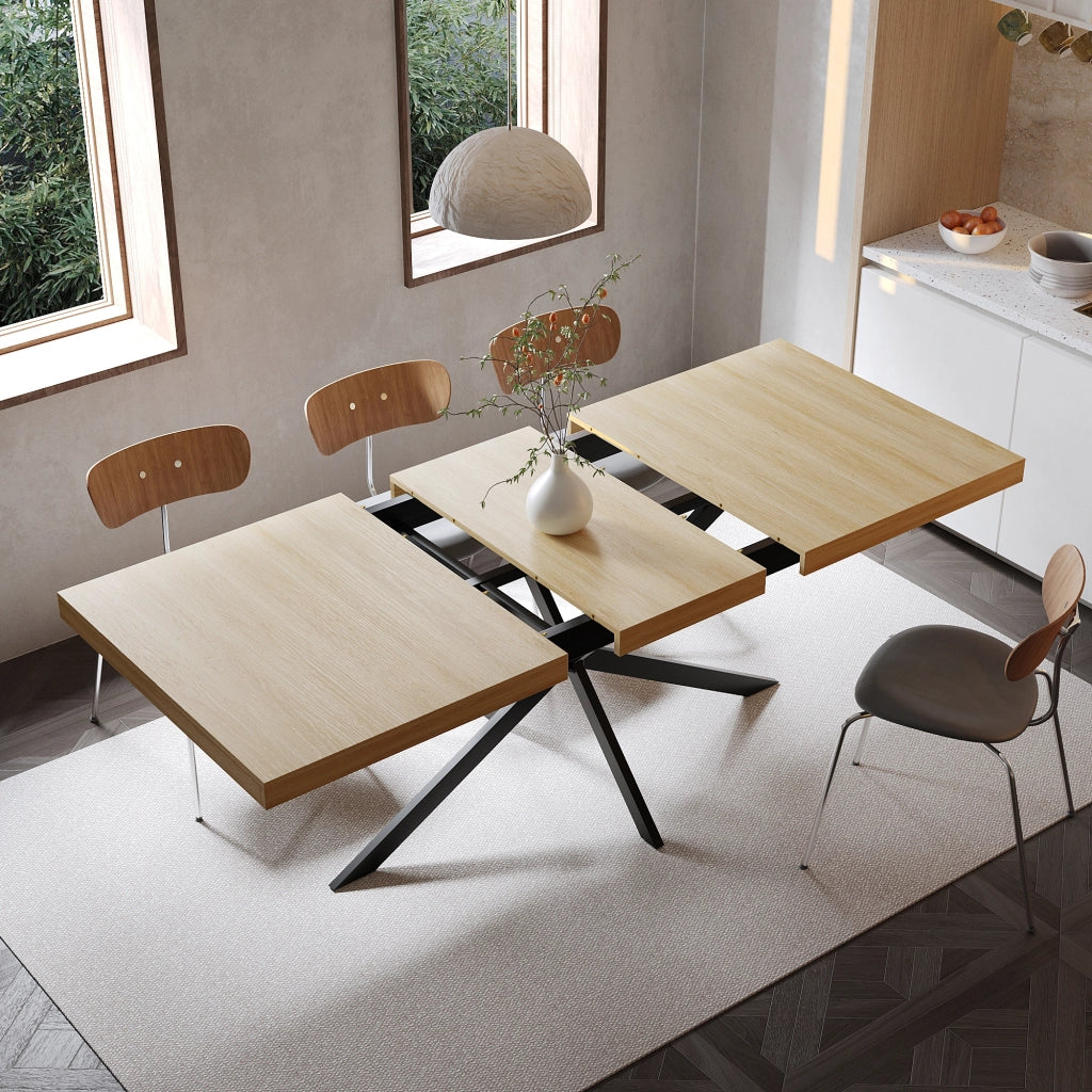 Tavolo allungabile rettangolare con vano contenitore e base in metallo per cucina e sala da pranzo naturale 140 × 80 × 76 cm