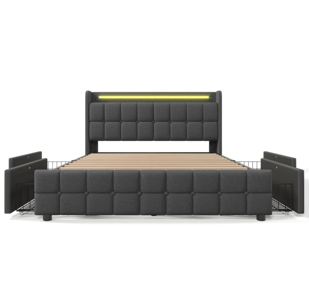 Letto matrimoniale 180x200 cm con USB; prese; LED e 4 cassetti; grigio