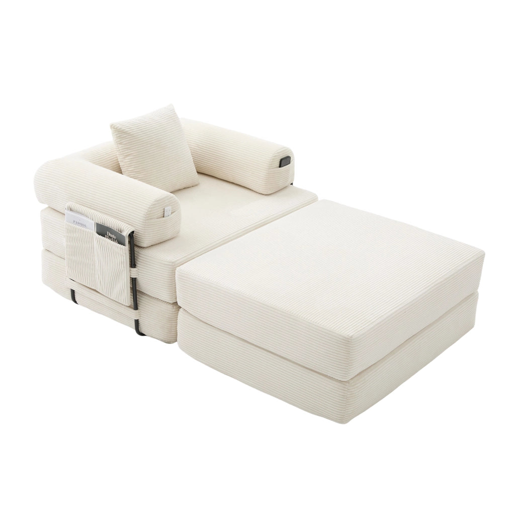 Divano modulare a 1 posto - con pouf; tasca laterale e cuscino - in corduroy - beige