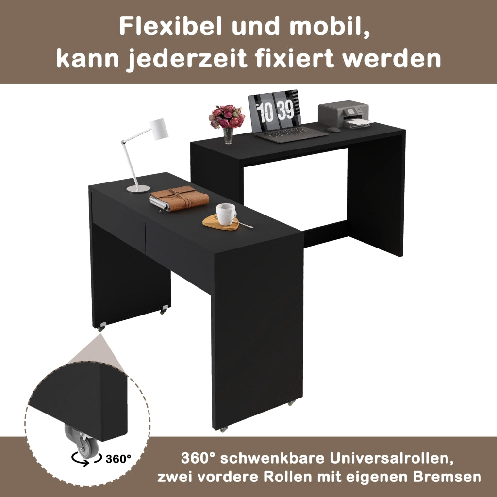Scrivania lineare 2 in 1 con 2 cassetti e ruote, per piccoli spazi, in truciolato nero, 110 × 40 × 78 cm