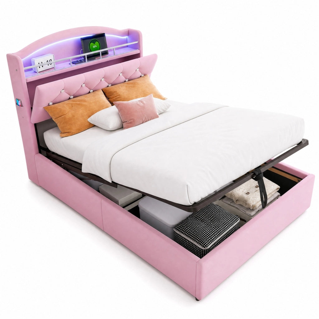 Letto imbottito per bambini 90x200 cm con contenitore; LED; USB e portaoggetti; rosa