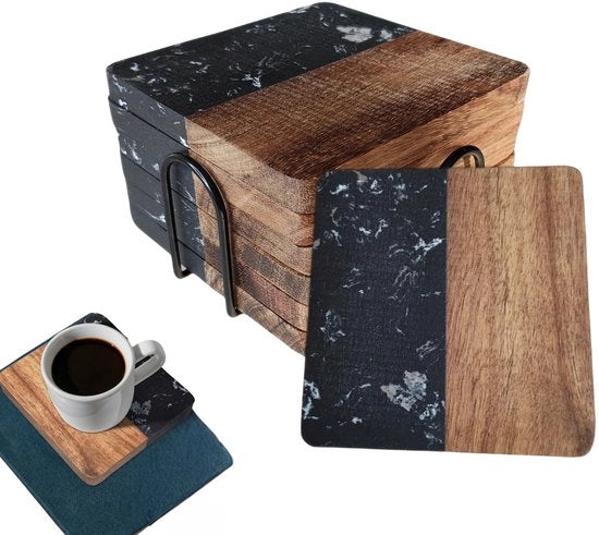 Sostegni per cucina di alta qualità per bevande in legno di acacia e marmo nero, 6 pezzi in un contenitore in acciaio inox nero, quadrato