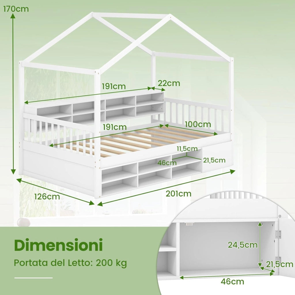 Letto a Castello con Tetto, Letto Singolo per bambini con Struttura in Legno 14 Cubi di Stoccaggio e un Armadio, Struttura Letto 100x190 cm, Carico 200 kg