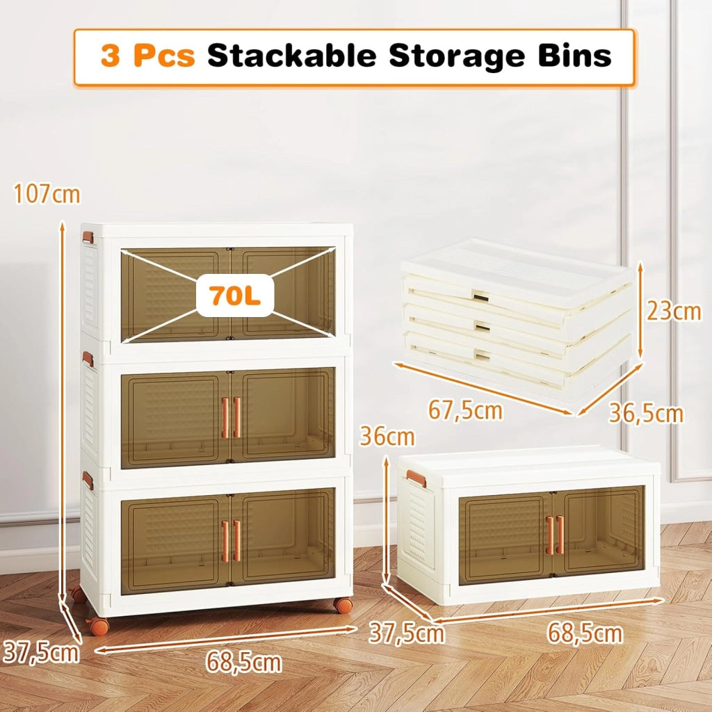 Contenitore di Archiviazione in Plastica, Organizzatore Impilabile con Coperchi e Porte, 4 Ruote, Scatole Organizzatore Pieghevoli per Soggiorno, Camera da Letto (68,5 x 37,5 x 107 cm)