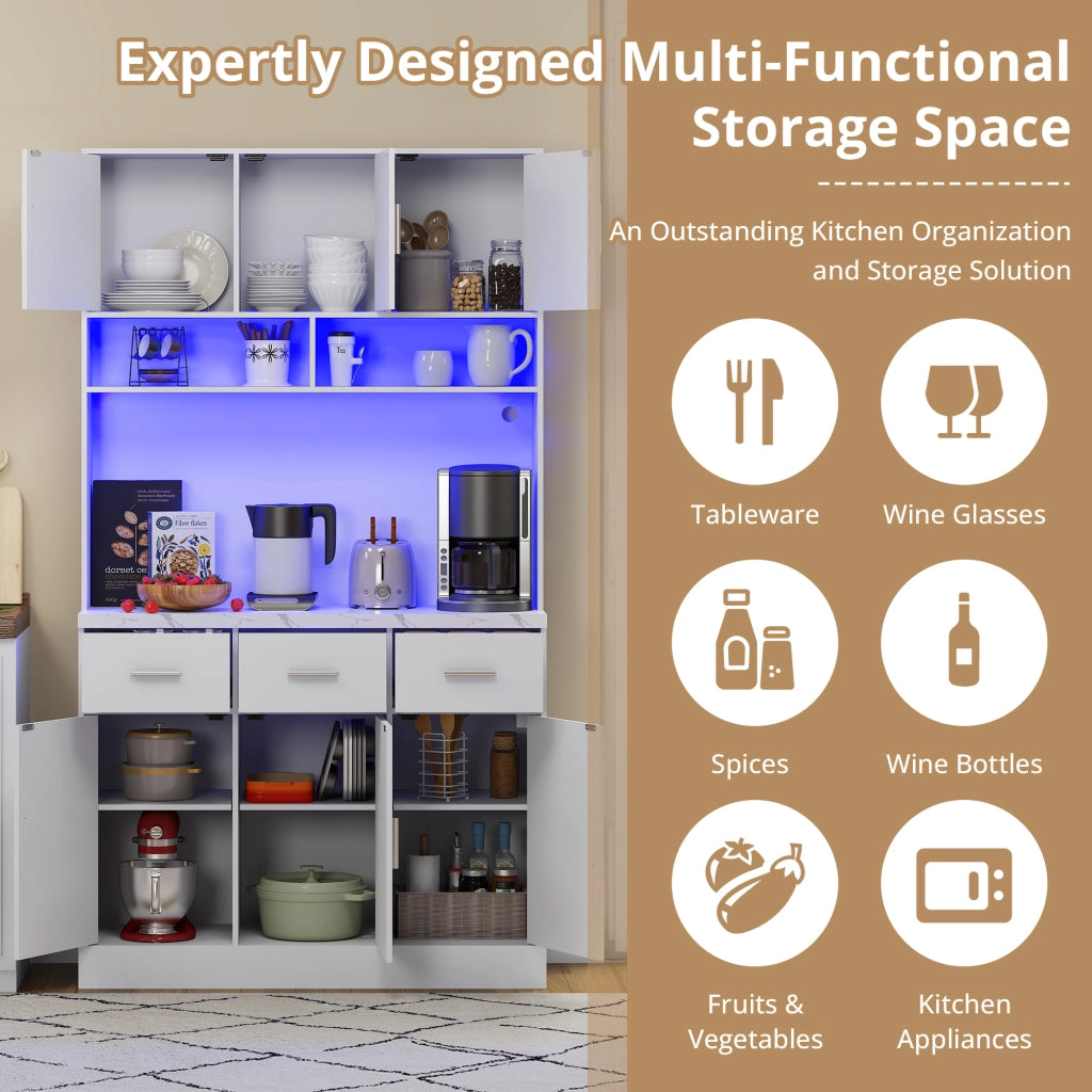 Mobile da cucina, credenza, illuminazione a LED, 3 cassetti, ripiani regolabili, presa di corrente inclusa, bianco