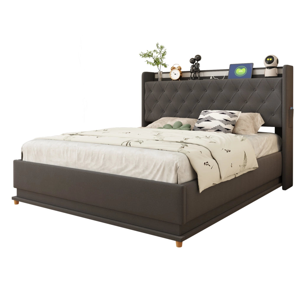 Letto imbottito 140x200 cm con LED, USB e vano contenitore idraulico