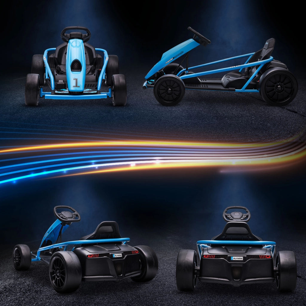 Go-Kart Elettrico per Bambini 8-12 Anni ¨C Xylo ¨C Schienale Alto, Cintura Sicurezza, 115x77x54 cm, Blu e Nero