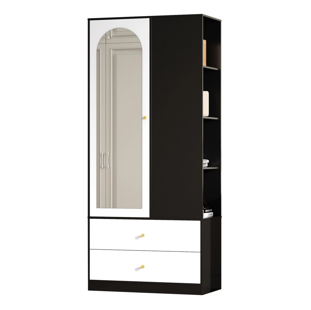 Armadio bianco e nero con specchio, 1 anta, 2 cassetti e 4 ripiani, 80x40x180 cm
