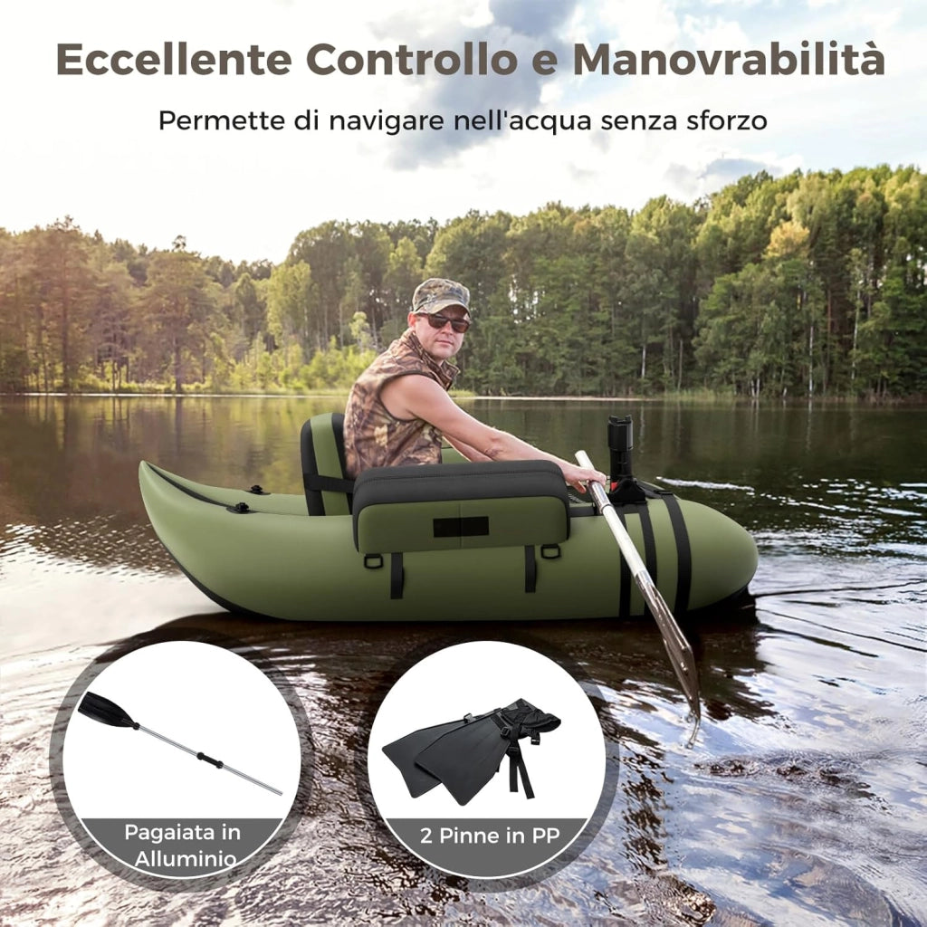 Belly Boat da Pesca Portatile, Gommone Gonfiabile da Pesca con Porta Canne Regolabile, Pompa, Pagaia in Alluminio, Spallacci e Kit di Riparazione, Barca da Mare con 2 Pinne, capacità 160kg