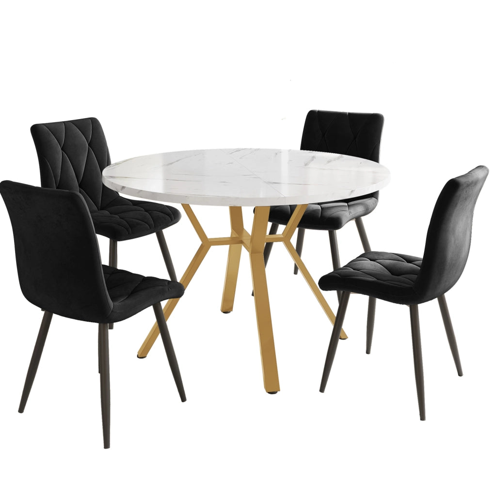Tavolo da pranzo rotondo; effetto marmo MDF e acciaio; nero e oro