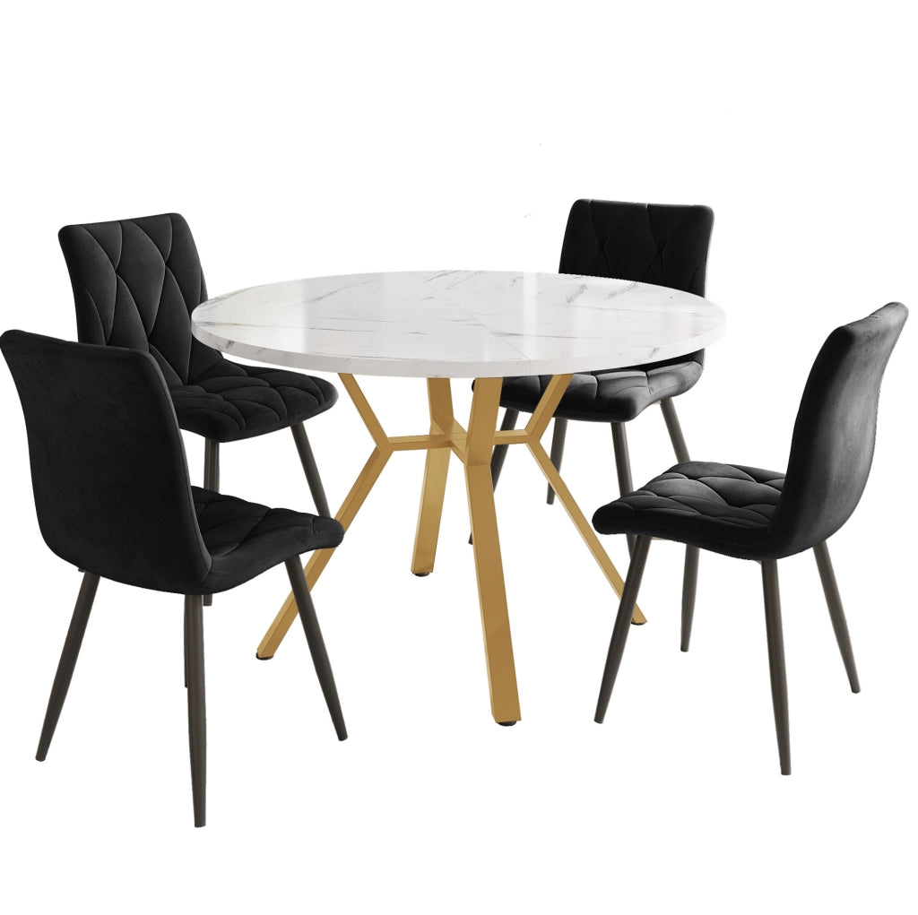 Tavolo da pranzo rotondo; effetto marmo MDF e acciaio; nero e oro
