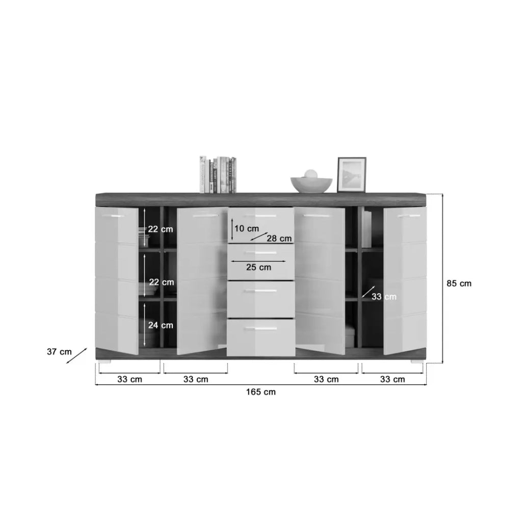 Buffet SCOTT – 4 porte e 4 cassetti – Grigio scuro e bianco – 165x85x37 cm
