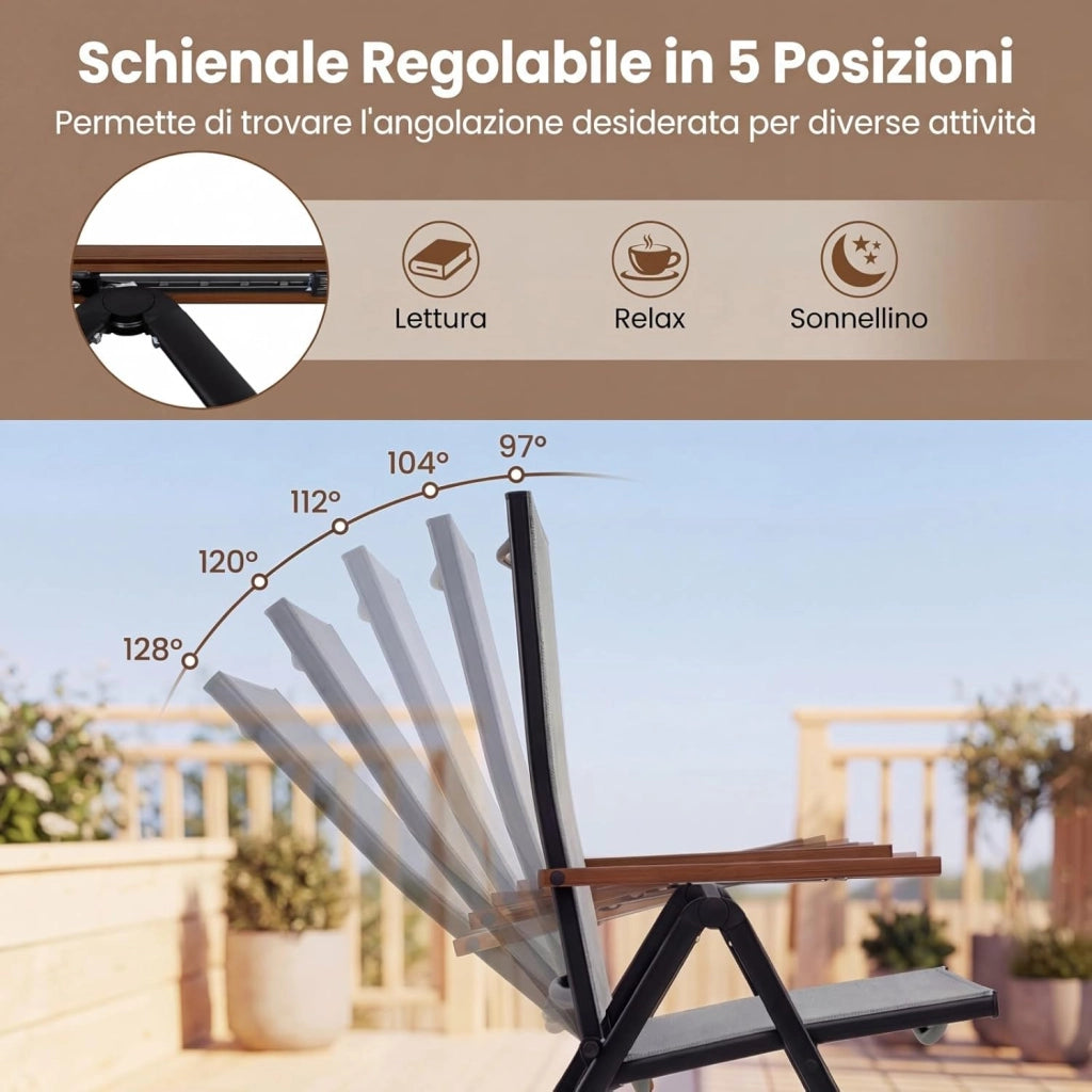 Set di 2/4 Sedie da Giardino Pieghevole, Struttura in Metallo, Poltrona in Tessuto Traspirante, Schienale Regolabile, per Balcone, Giardino, Terrazzo, Portata 150 kg (2,Grigio)