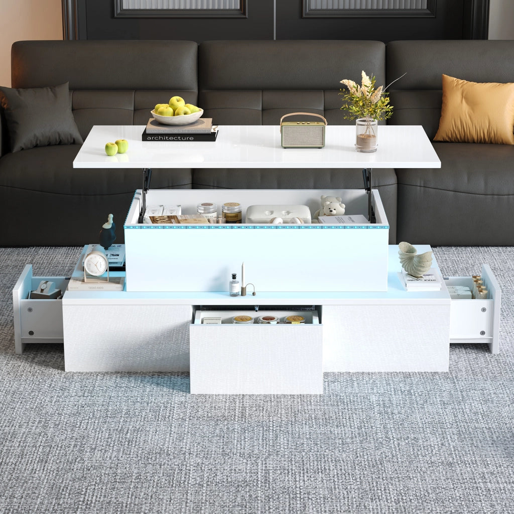 Tavolino da salotto 100x50x40 cm; piano rialzabile con LED e 4 cassetti; MDF bianco