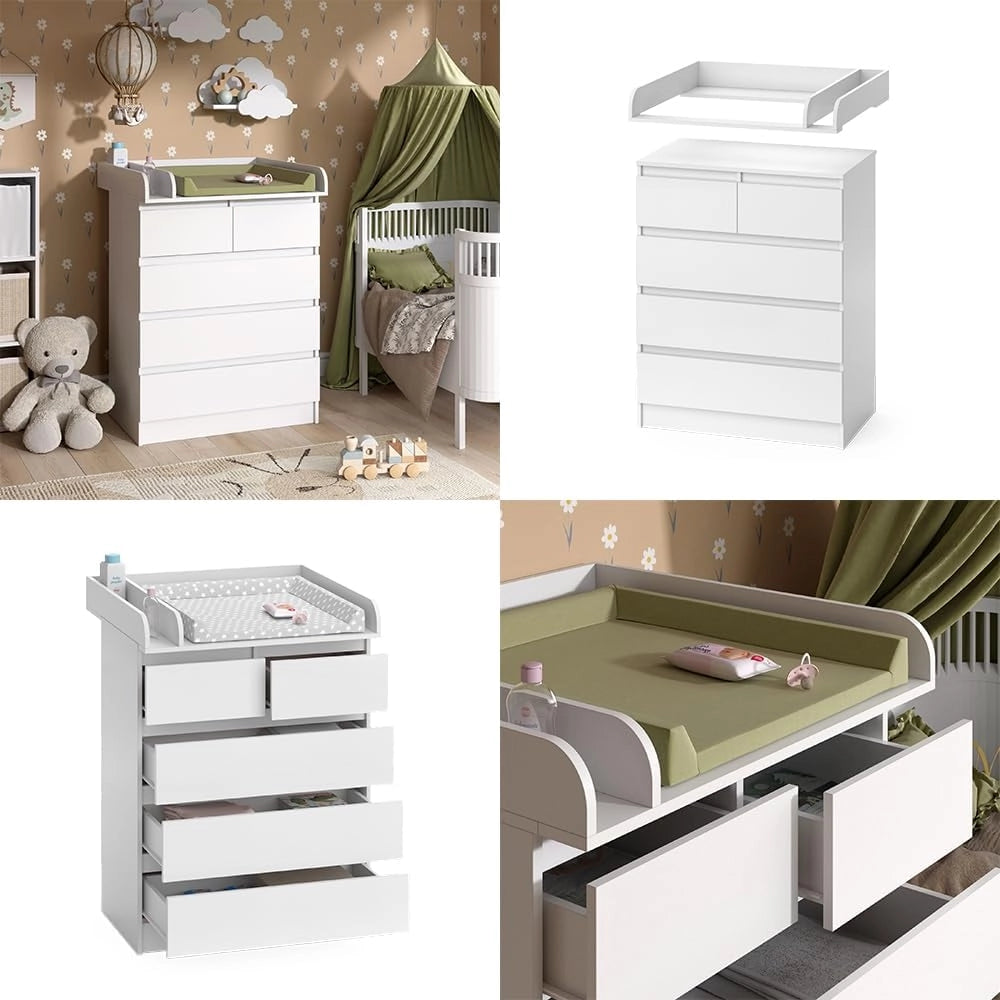 Fasciatoio Emma, Bianco, 80 x 110.2 cm con 5 cassetti, convertibile in una cassettiera tradizionale per un utilizzo versatile