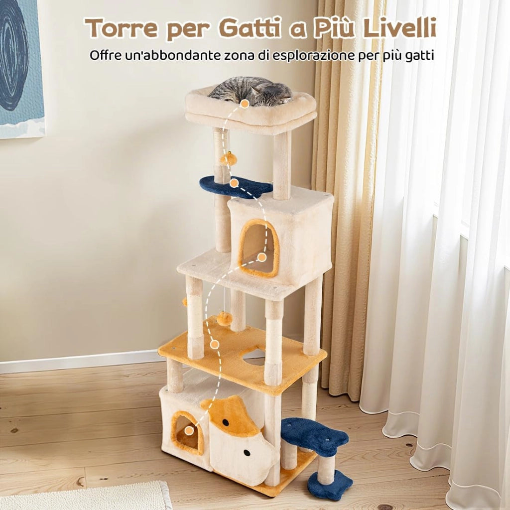 Albero per Gatti da Interno Alto 159 cm, Tiragraffi per Gatti con 2 Condo, Posatoio Morbido Rimovibile e Palo Scratcher in Sisal, Centro Attività Versatile per Animali Domestici